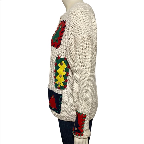 EAGLE'S EYE Vintage Cream Holiday Tree Felt Color Block Cardigan L - Picture 5 of 9